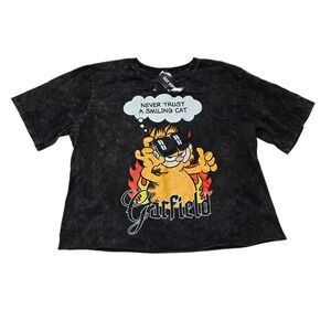 Hot Topic Garfield T Shirt L Black Acid Wash Never Trust A Smiling Cat Graphic